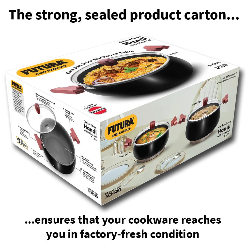 Hawkins Futura 5 Litre Cook n Serve Handi, Hard Anodised Biryani Handi with Glass Lid, Saucepan, Sauce Pan, Black (ACH50G)