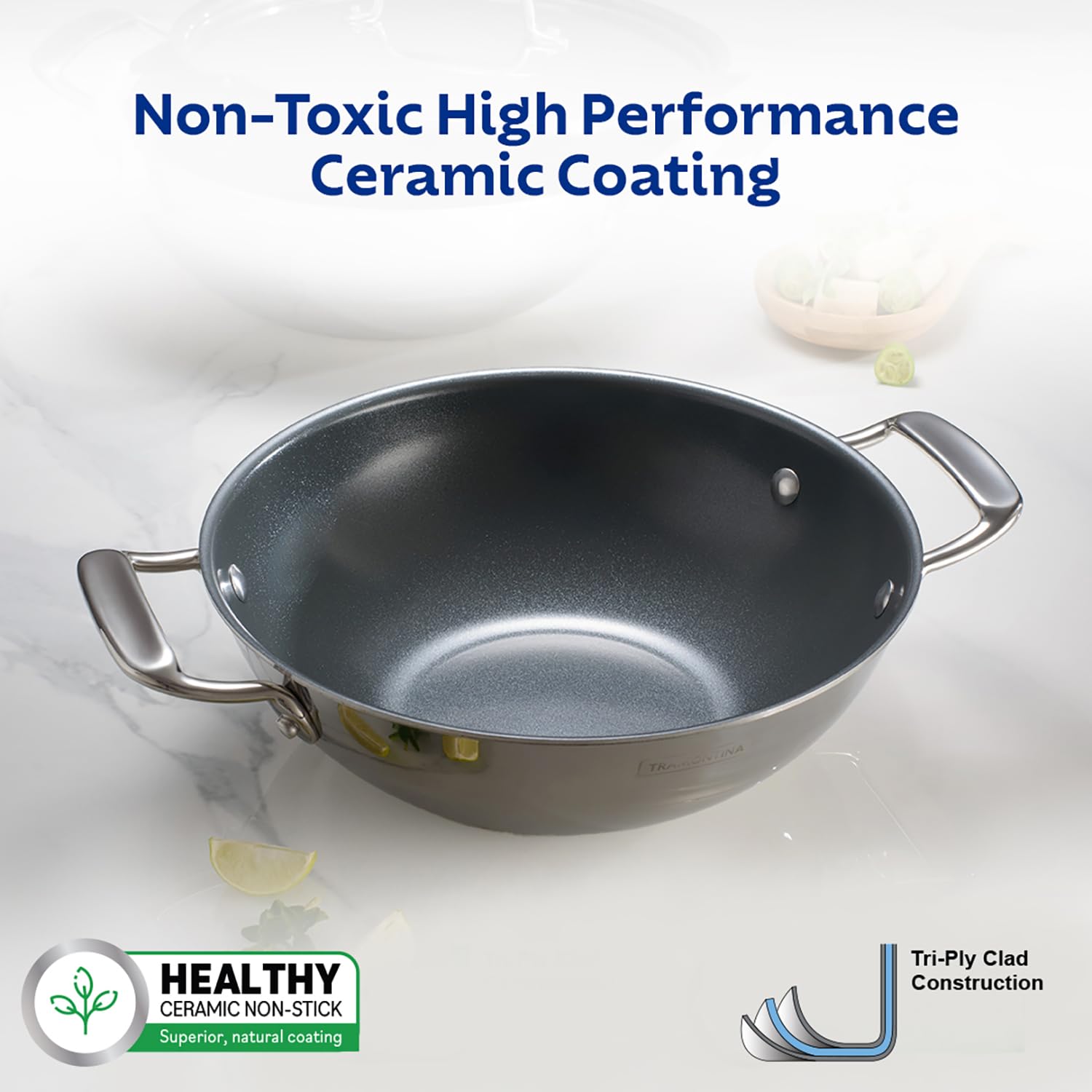 Tramontina Fusao Healthy Triply Ceramic 20cm/1.7L Kadai with SS 304 lid | Non Toxic Kadhai(PFAS/PTFE/PFOA Free) Curry | Deep Fry | StirFry | Induction Friendly | Stay Cool Handle I 10 Year Warranty*