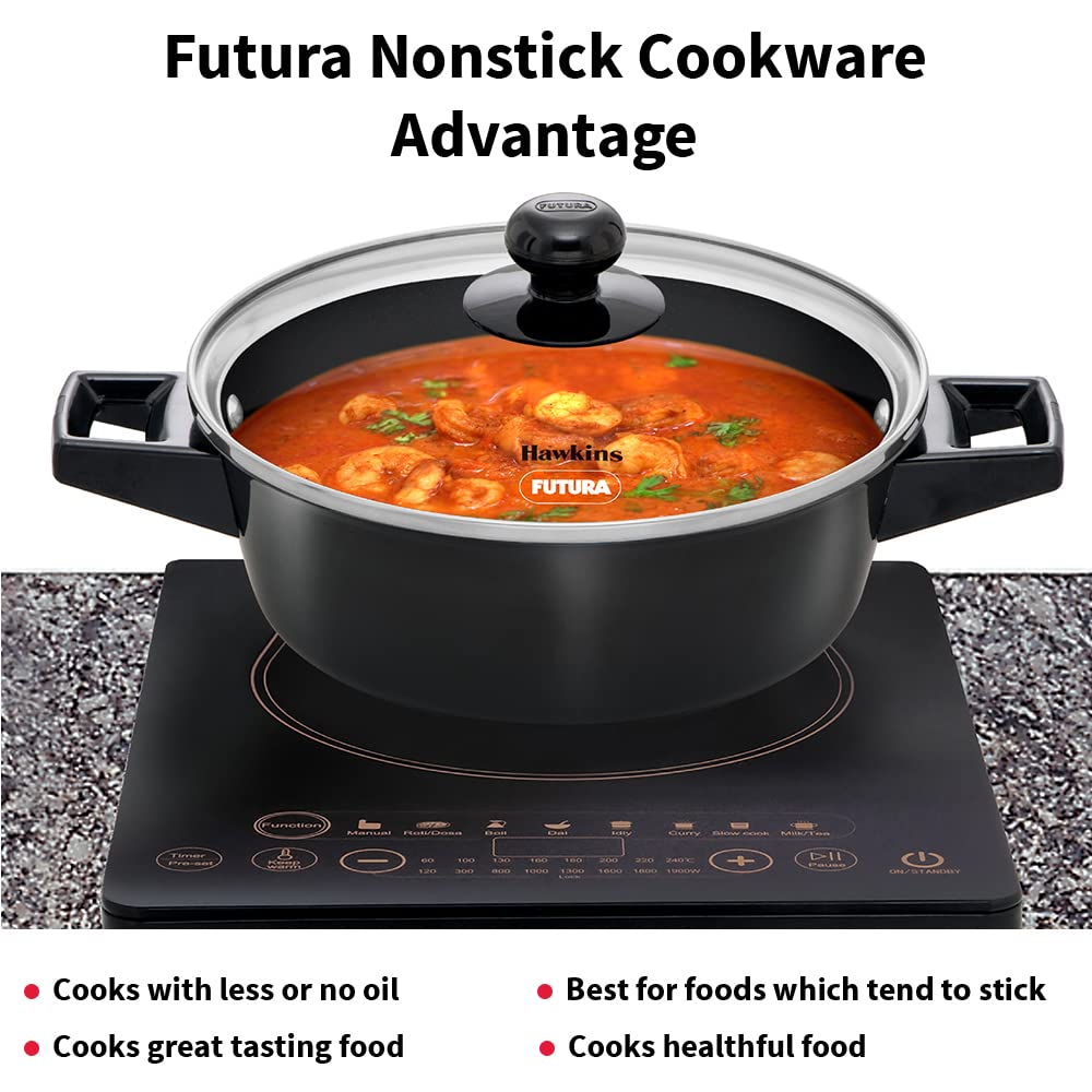 Hawkins Futura 2 Litre Cook N Serve Casserole, Non Stick Saucepan with Glass Lid, Induction Sauce Pan for Cooking and Serving, Black (Incb20G), 2 Liter