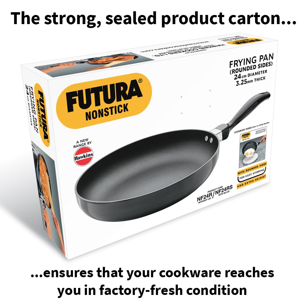 Hawkins Futura 24 cm Frying Pan, Non Stick Fry Pan, Rounded Side Frypan for Easy Stirring, Black (NF24R)