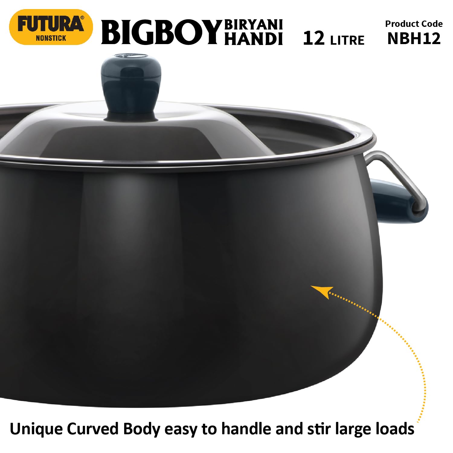 Hawkins Futura 12 Litre BigBoy Biryani Handi, Non Stick Pot with Hard Anodised Lid, Sauce Pan for Cooking and Serving Biriyani, Black (NBH12) Aluminium