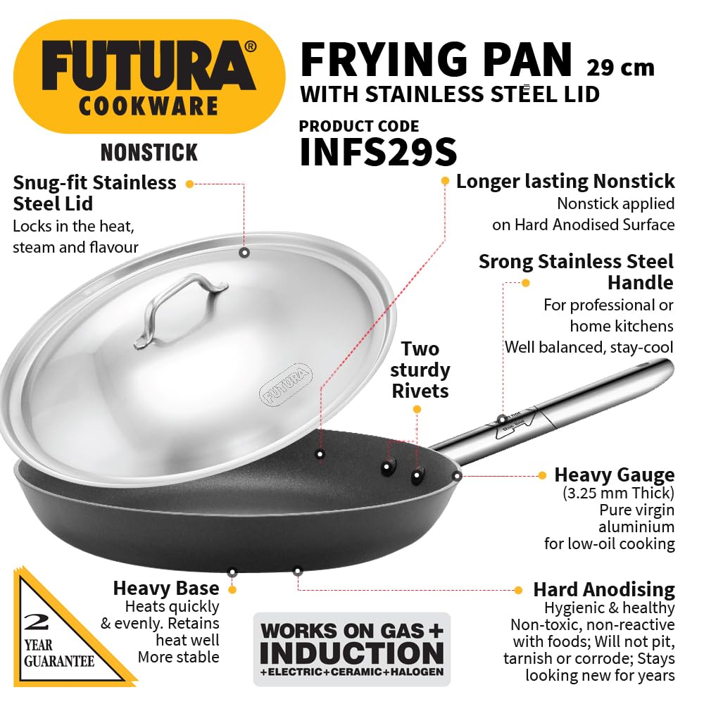 Hawkins Futura 30 cm Frying Pan, Non Stick Fry Pan with Stainless Steel Handle and Stainless Steel Lid, Induction Frying Pan, Big Frying Pan, Black (INFS30S)