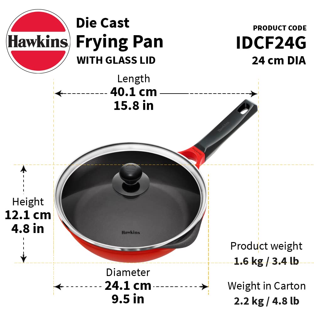 Hawkins 24 cm Frying Pan, Die Cast Non Stick Fry Pan with Glass Lid, Ceramic Coated Pan, Induction Frying Pan, Red (IDCF24G)