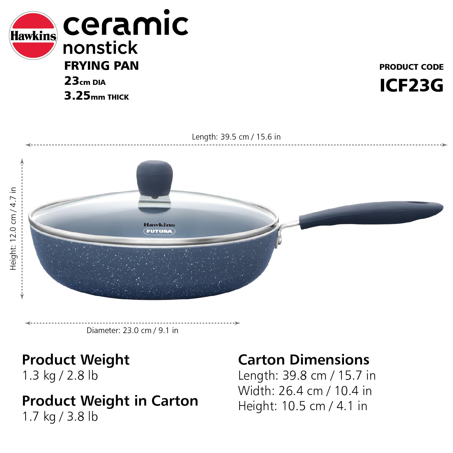 Hawkins Ceramic Nonstick Fry Pan, 23 cm Diameter, Induction Fry Pan with Glass Lid, Granite Omlette Egg Pan, Blue (ICF23G)