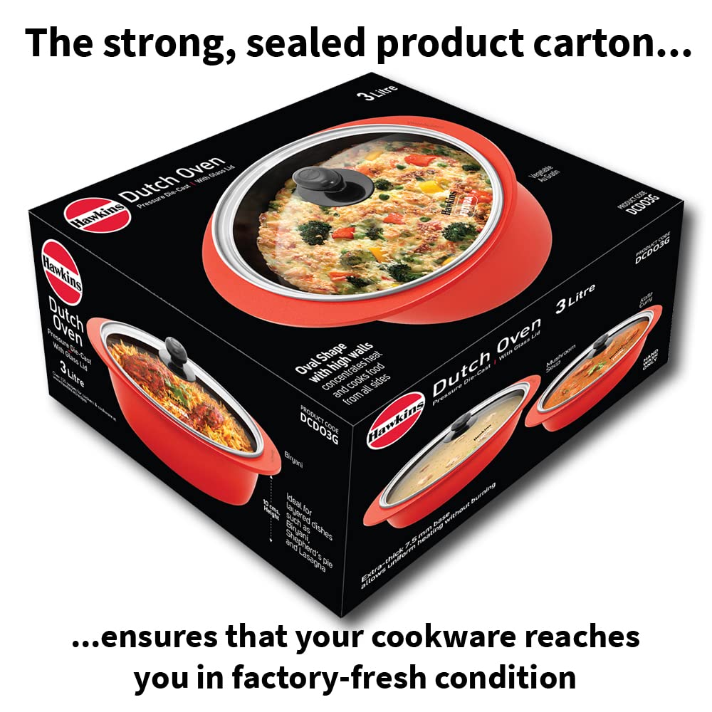 Hawkins 3 Litre Dutch Oven, Nonstick Biryani Pot, Red Ceramic Coated Casserole, Cooking Pot, Saute Pan, Red (DCDO3G)
