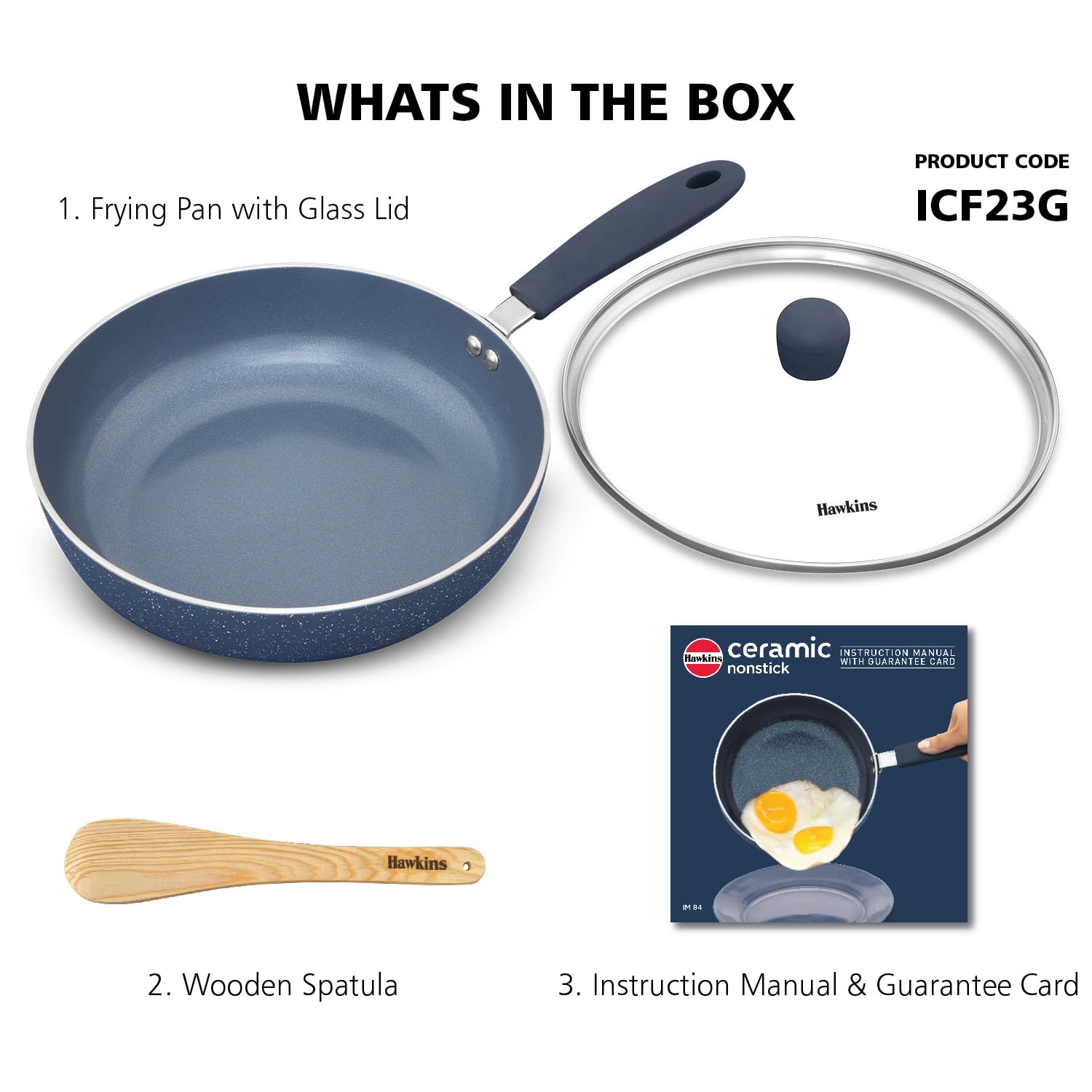 Hawkins Ceramic Nonstick Fry Pan, 23 cm Diameter, Induction Fry Pan with Glass Lid, Granite Omlette Egg Pan, Blue (ICF23G)