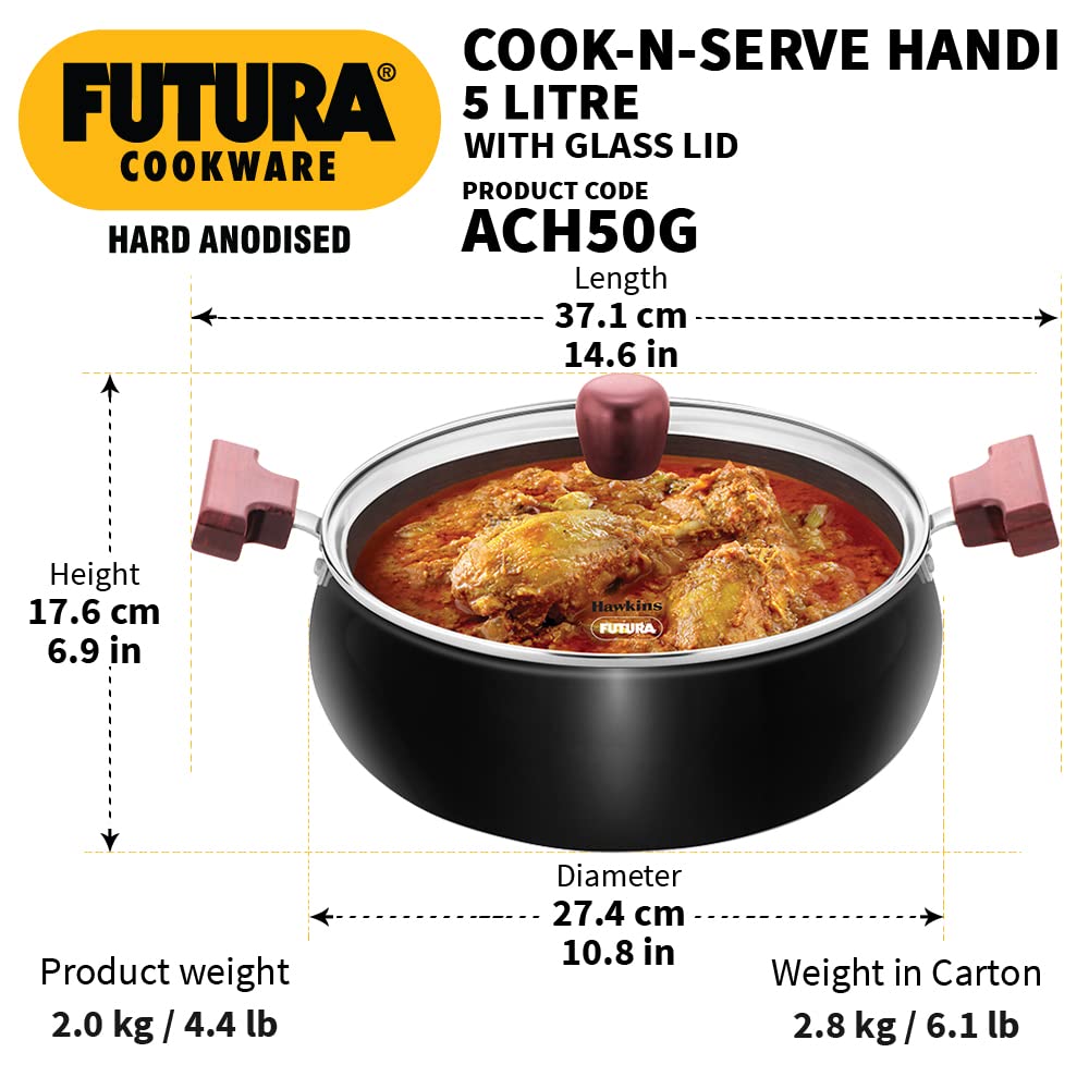 Hawkins Futura 5 Litre Cook n Serve Handi, Hard Anodised Biryani Handi with Glass Lid, Saucepan, Sauce Pan, Black (ACH50G)