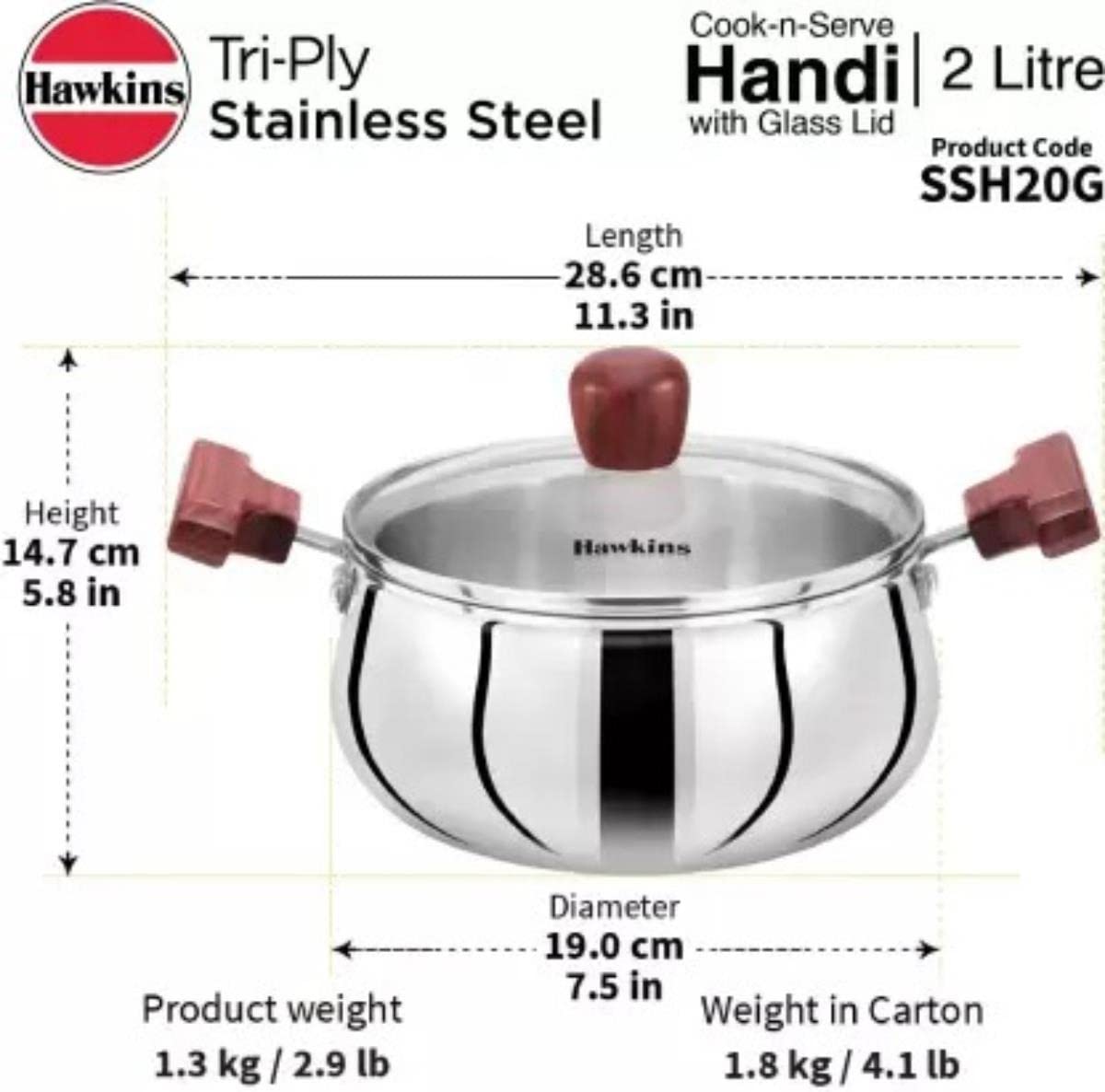 Hawkins 2 Litre Cook n Serve Handi, Triply Stainless Steel Handi with Glass Lid, Induction Sauce Pan, Biryani Handi, Saucepan, Silver (SSH20G)