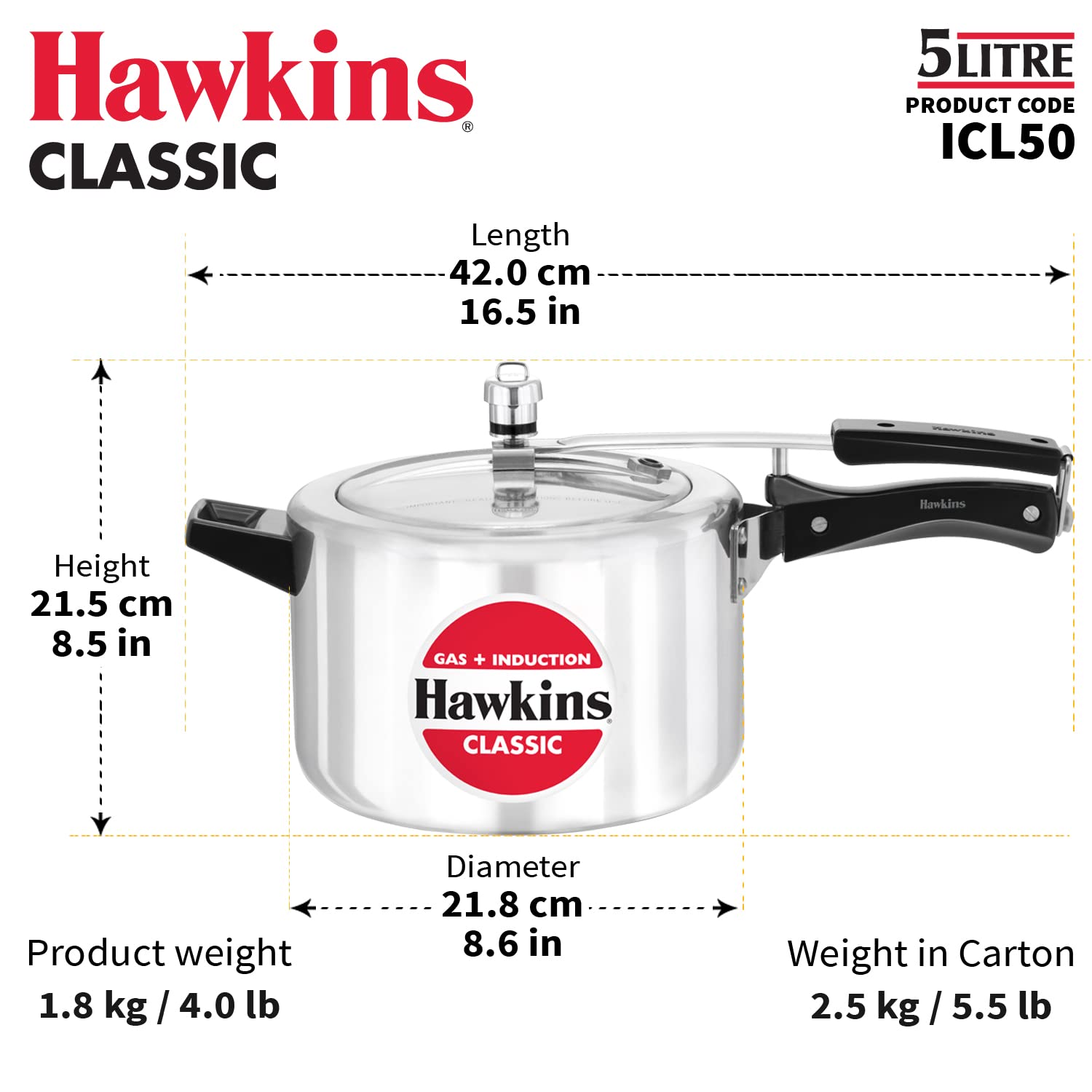 Hawkins Aluminium 5 Litre Classic Pressure Cooker, Induction Inner Lid Cooker, Pan Cooker, Best Cooker, Silver (Icl50)