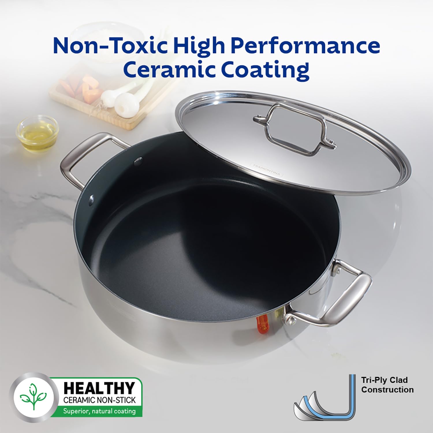 Tramontina Fusao Healthy Triply Ceramic 24cm/4.8L Casserole with SS 304 Lid | Non Toxic (PFAS/PTFE/PFOA Free) Stock Pot | Biryani Pot | Induction Friendly | Stay Cool Handle I 10 Year Warranty*