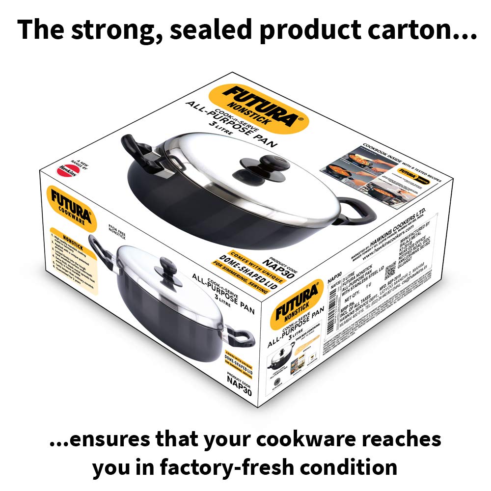 Hawkins Aluminium,Stainless Steel Futura Nonstick All-Purpose Pan 3Liter,22 Cm,3.25 Mm With Ss Lid(Black)
