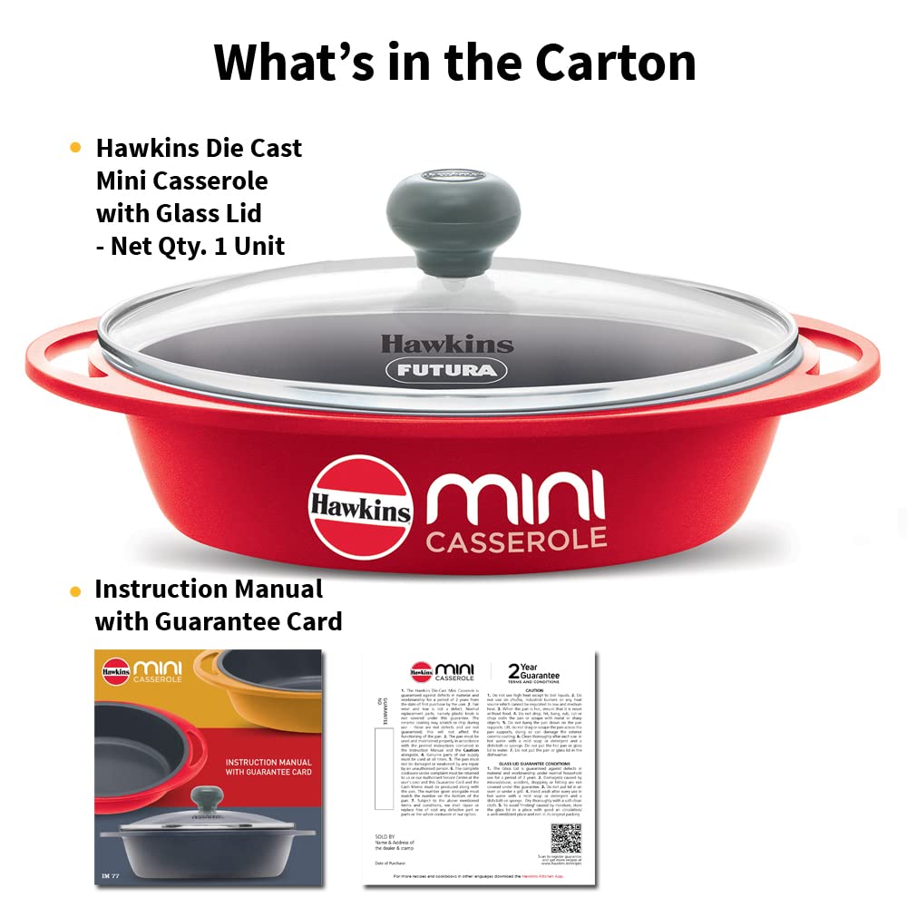 Hawkins 0.75 Litre Mini Casserole with Glass Lid, Oval Shaped Die-Cast pan for Cooking, Reheating, Serving and Storing, Red (DCR75G)