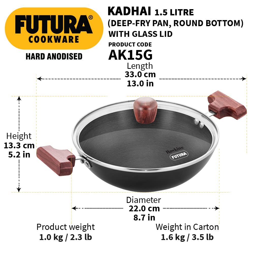 Hawkins Futura 1.5 Litre Deep Fry Pan, Hard Anodised Kadai with Glass Lid, Round Bottom Kadhai, Small Kadai, Black (AK15G)