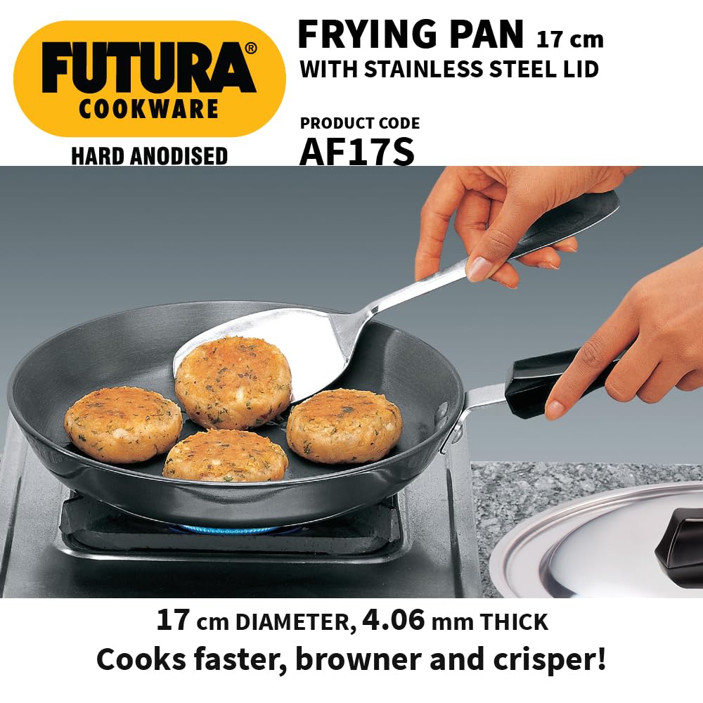 Hawkins Futura 17 cm Frying Pan, Hard Anodised with Stainless Steel Lid, Small Frying Pan, Black (AF17S)
