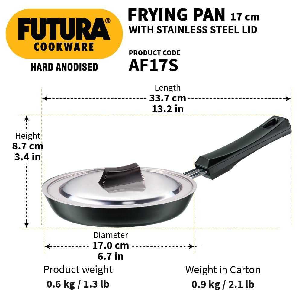 Hawkins Futura 17 cm Frying Pan, Hard Anodised with Stainless Steel Lid, Small Frying Pan, Black (AF17S)