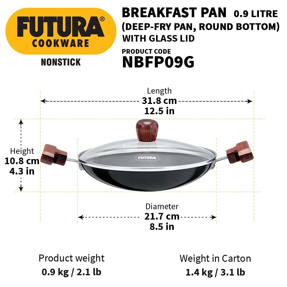 FUTURA Hawkins 0.9 Litre Breakfast Pan with Glass Lid, Nonstick Cookware, Appachatty, Chetty Pan, Appam Patra, Round Bottom Kadai, Black (NBFP09G) - 217 mm