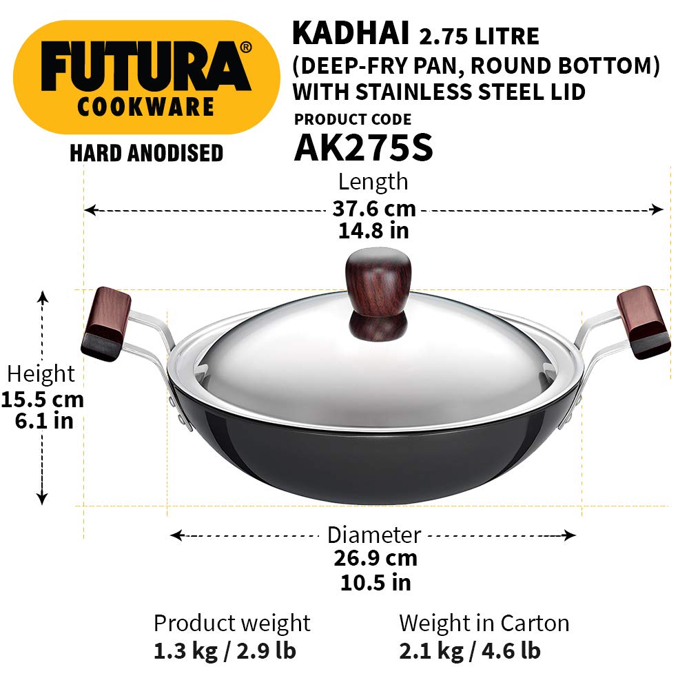 Hawkins Futura 2.75 Litre Deep Fry Pan, Hard Anodised Kadai with Stainless Steel Lid, Round Bottom Kadhai, Black (AK275S)