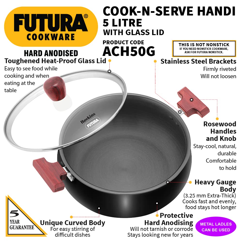 Hawkins Futura 5 Litre Cook n Serve Handi, Hard Anodised Biryani Handi with Glass Lid, Saucepan, Sauce Pan, Black (ACH50G)