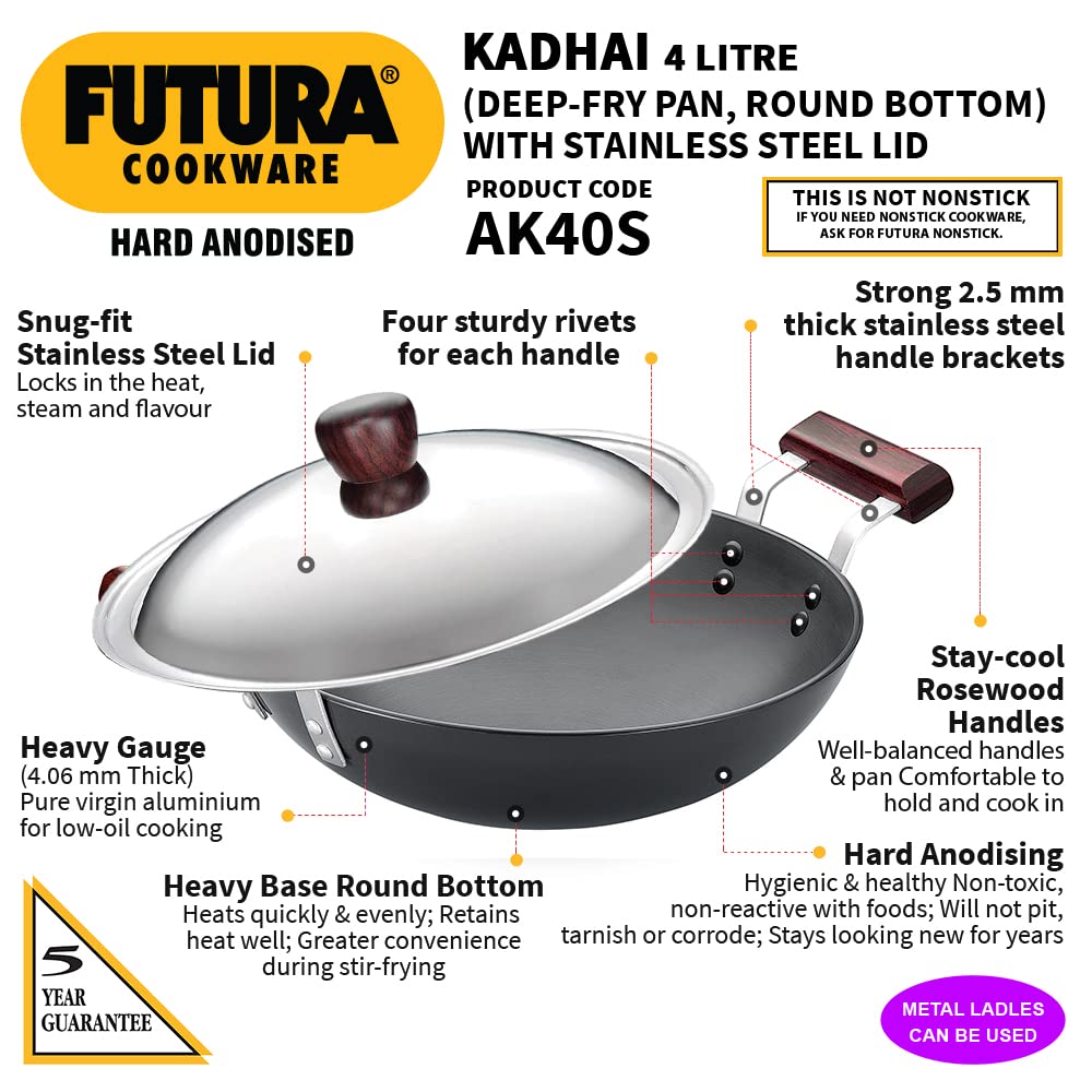 Hawkins Futura 4 Litre Deep Fry Pan, Hard Anodised Kadai with Stainless Steel Lid, Round Bottom Kadhai, Big Kadai, Black (AK40S)