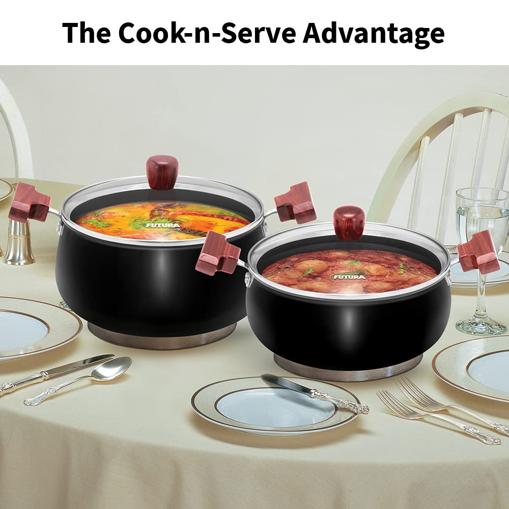 Hawkins Futura 4 Litre Cook n Serve Handi, Hard Anodised Biryani Handi with Glass Lid, Saucepan, Sauce Pan, Black (ACH40G)