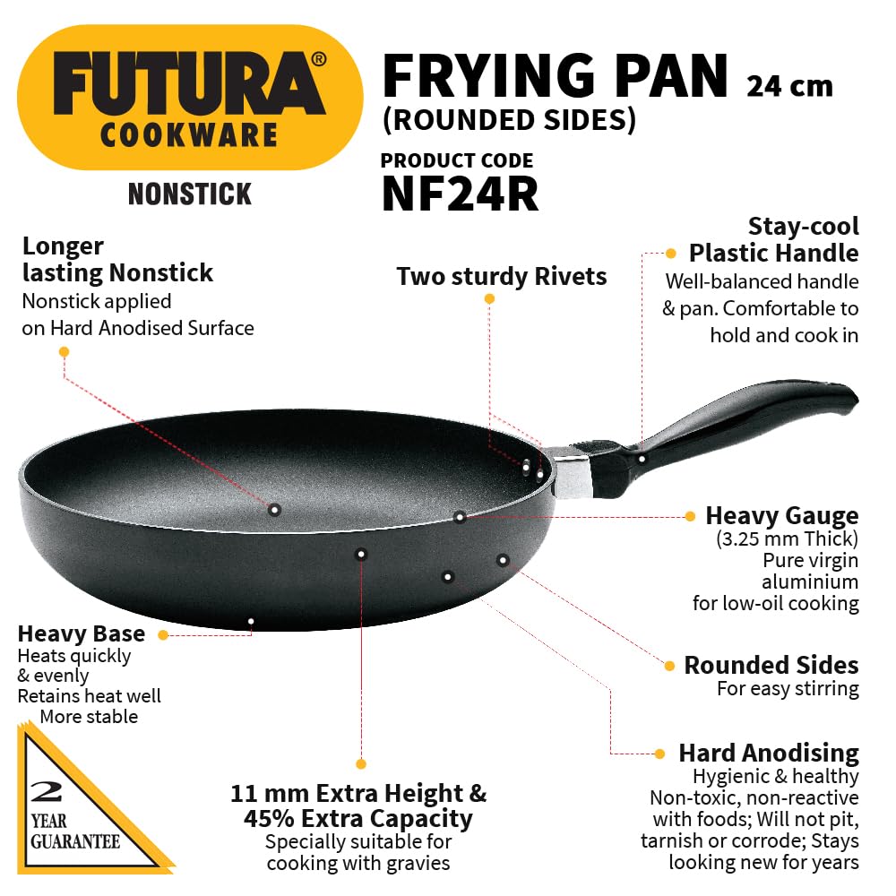 Hawkins Futura 24 cm Frying Pan, Non Stick Fry Pan, Rounded Side Frypan for Easy Stirring, Black (NF24R)