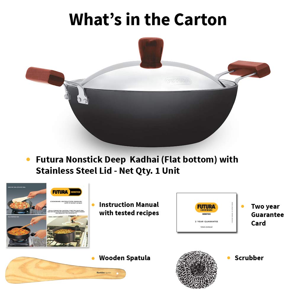 Hawkins Futura 3.5 Litre Deep Kadhai, Non Stick Kadai with Stainless Steel Lid, Flat Bottom Induction Kadhai, Black (INK35S)