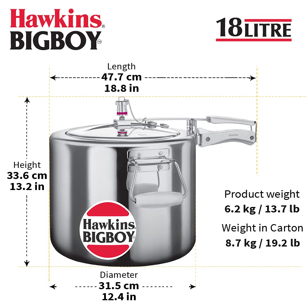 Hawkins 18 Litre Bigboy Pressure Cooker, Big Inner Lid Cooker, Silver (BB18), Aluminium