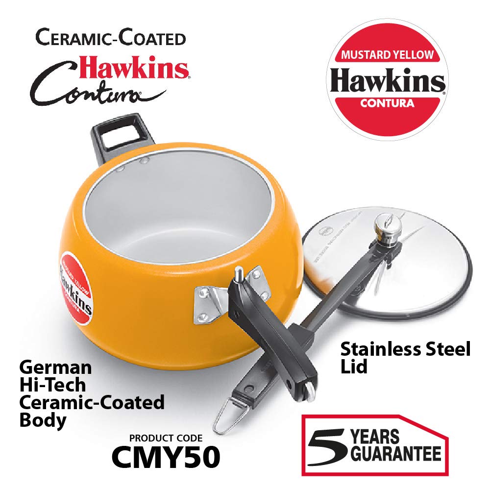 Hawkins Ceramic- Coated Contura 5L Mustard Yellow Aluminium Inner Lid Pressure Cooker