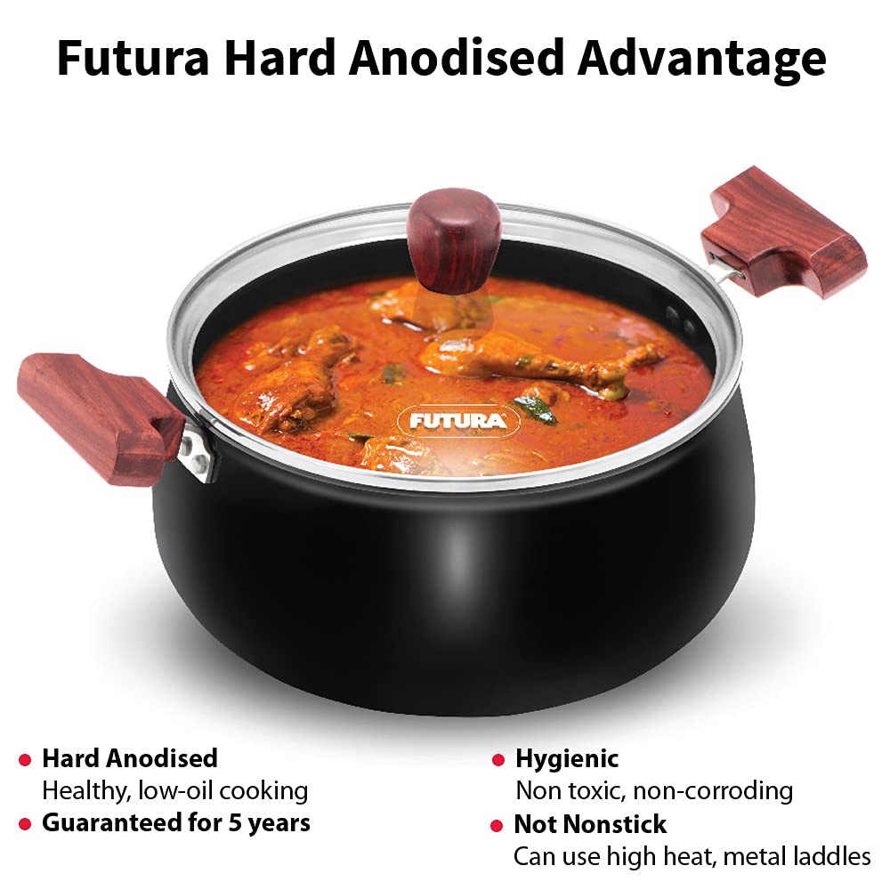 Hawkins Futura 4 Litre Cook n Serve Handi, Hard Anodised Biryani Handi with Glass Lid, Saucepan, Sauce Pan, Black (ACH40G)