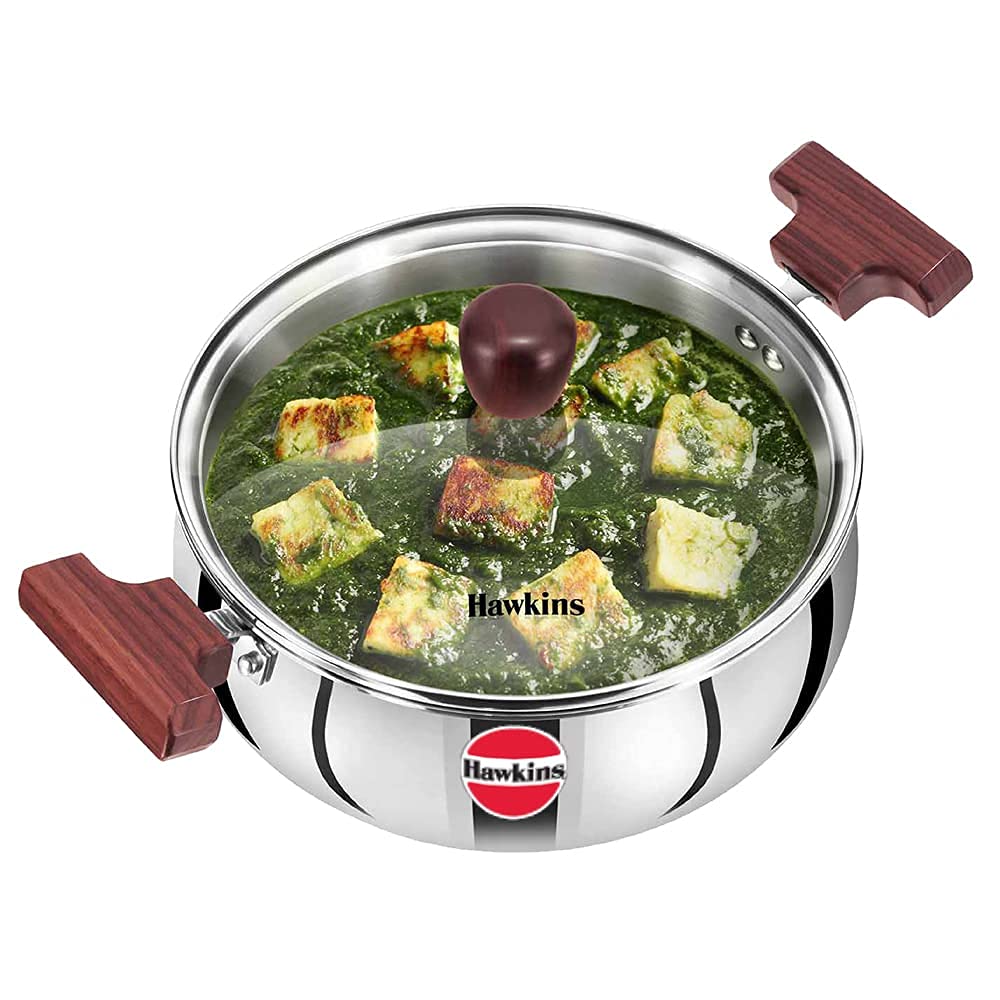 Hawkins 2 Litre Cook n Serve Handi, Triply Stainless Steel Handi with Glass Lid, Induction Sauce Pan, Biryani Handi, Saucepan, Silver (SSH20G)