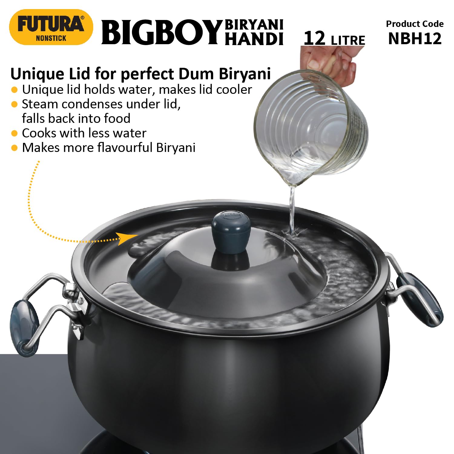 Hawkins Futura 12 Litre BigBoy Biryani Handi, Non Stick Pot with Hard Anodised Lid, Sauce Pan for Cooking and Serving Biriyani, Black (NBH12) Aluminium