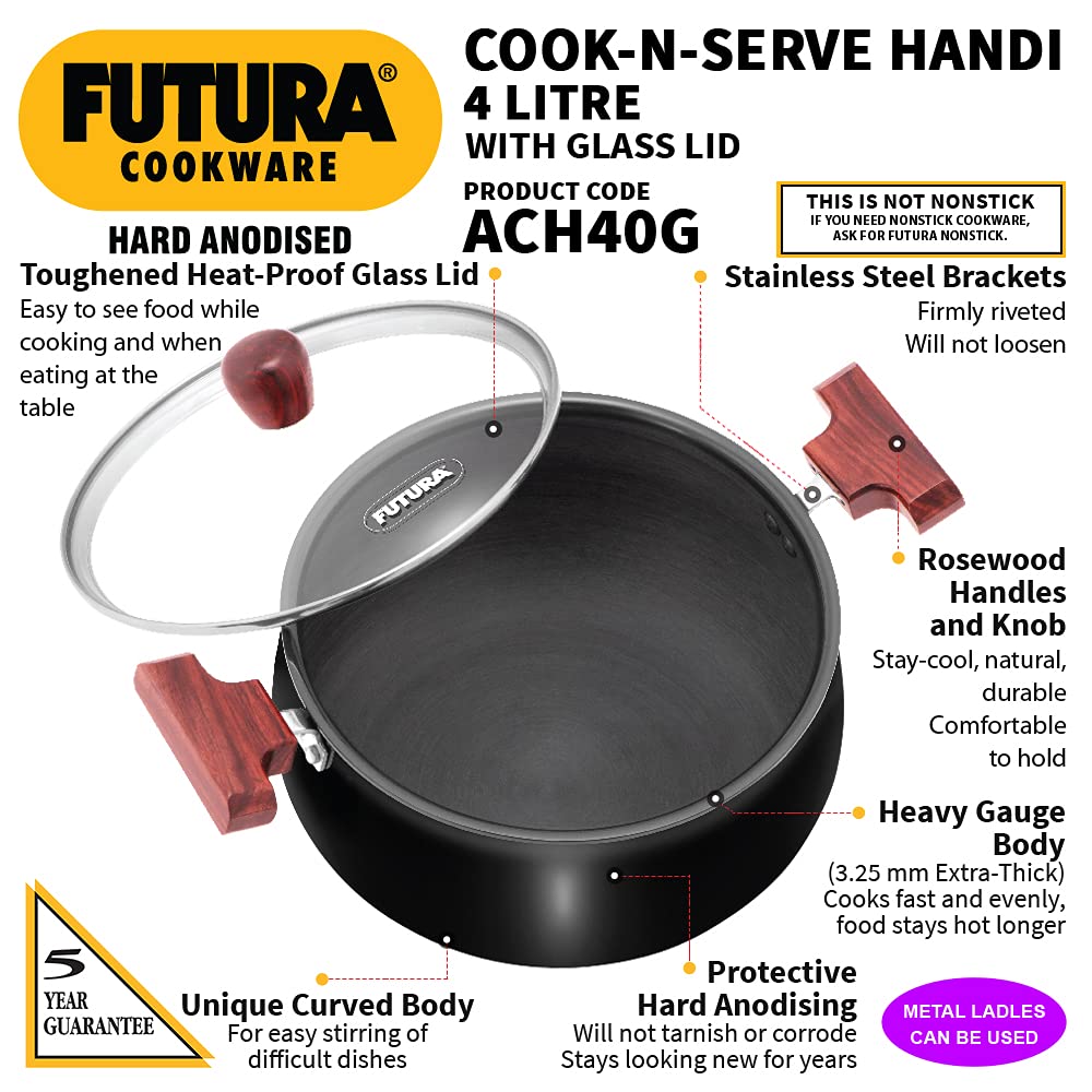 Hawkins Futura 4 Litre Cook n Serve Handi, Hard Anodised Biryani Handi with Glass Lid, Saucepan, Sauce Pan, Black (ACH40G)