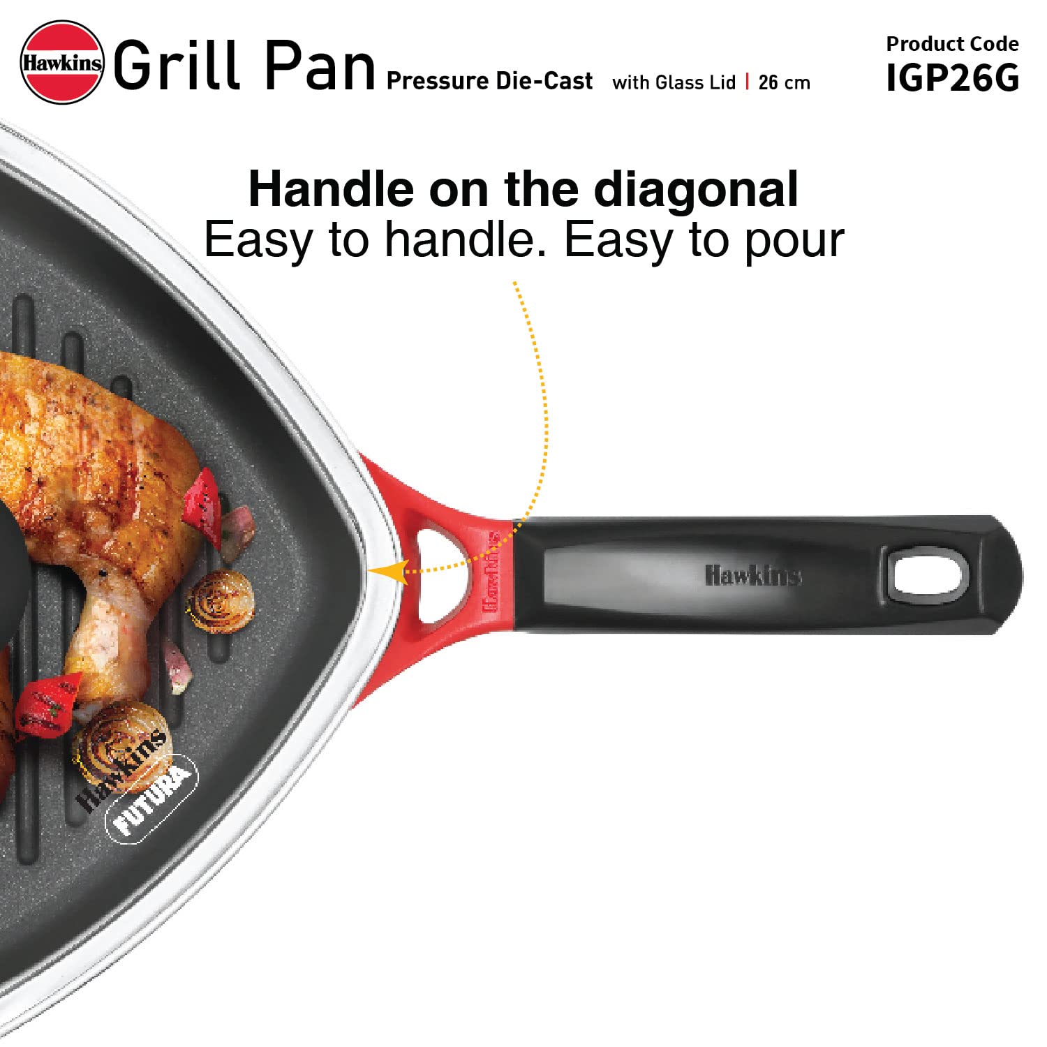 Hawkins 26 cm Grill Pan, Non Stick Die Cast Grilling Pan with Glass Lid, Square Grill Pan for Gas Stove, Ceramic Coated Pan, Roast Pan, Red (IGP26G)