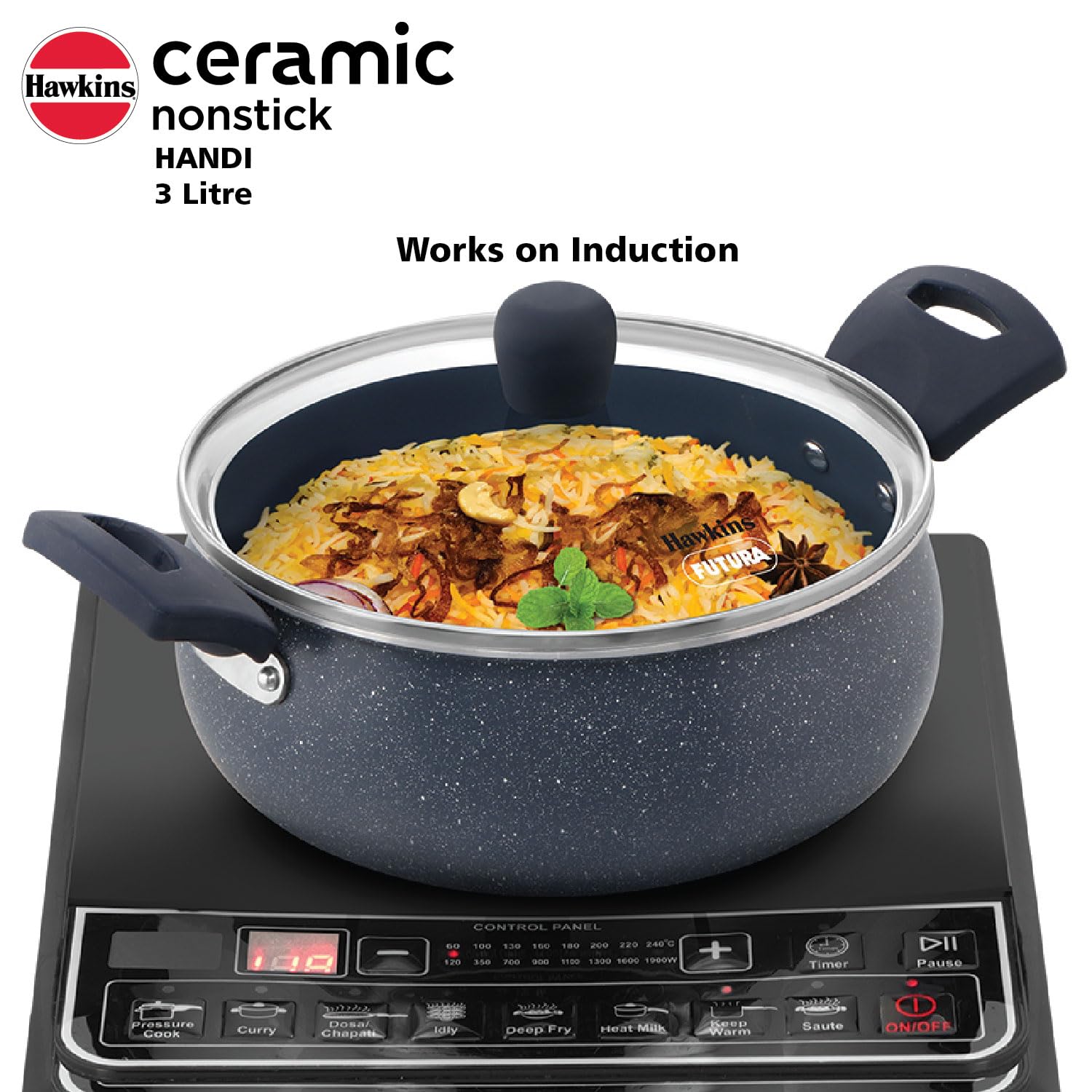 Hawkins Ceramic Nonstick Handi with Glass Lid, 3 Litre, Induction Biryani Pot, Granite Casserole (ICH30G)