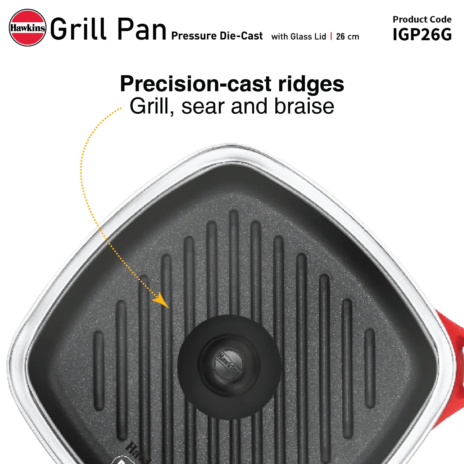 Hawkins 26 cm Grill Pan, Non Stick Die Cast Grilling Pan with Glass Lid, Square Grill Pan for Gas Stove, Ceramic Coated Pan, Roast Pan, Red (IGP26G)