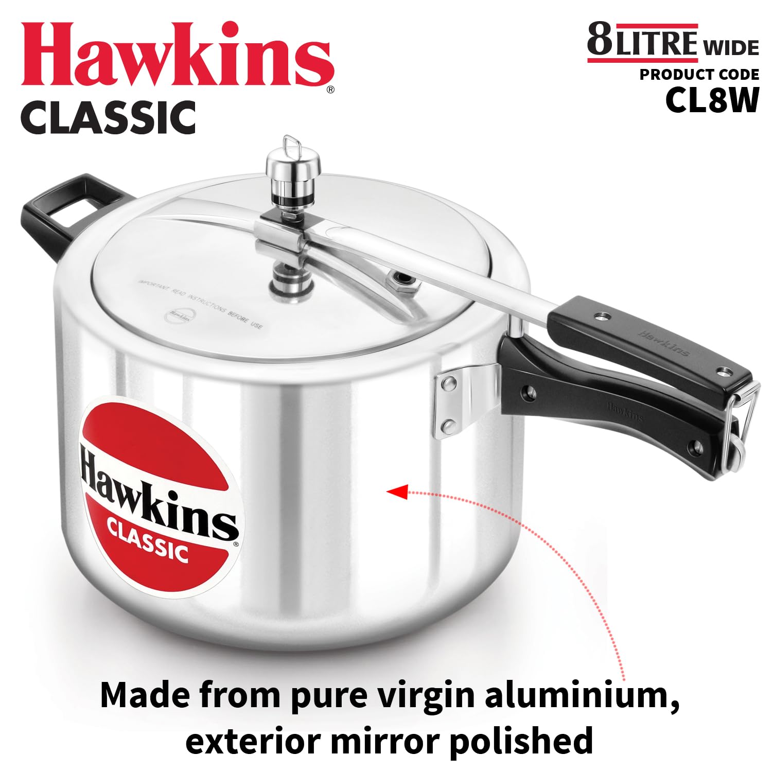 Hawkins Classic 8 Litre Aluminium Inner Lid Pressure Cooker, Wide Design Pan Cooker, Big Cooker, Silver (CL8W)