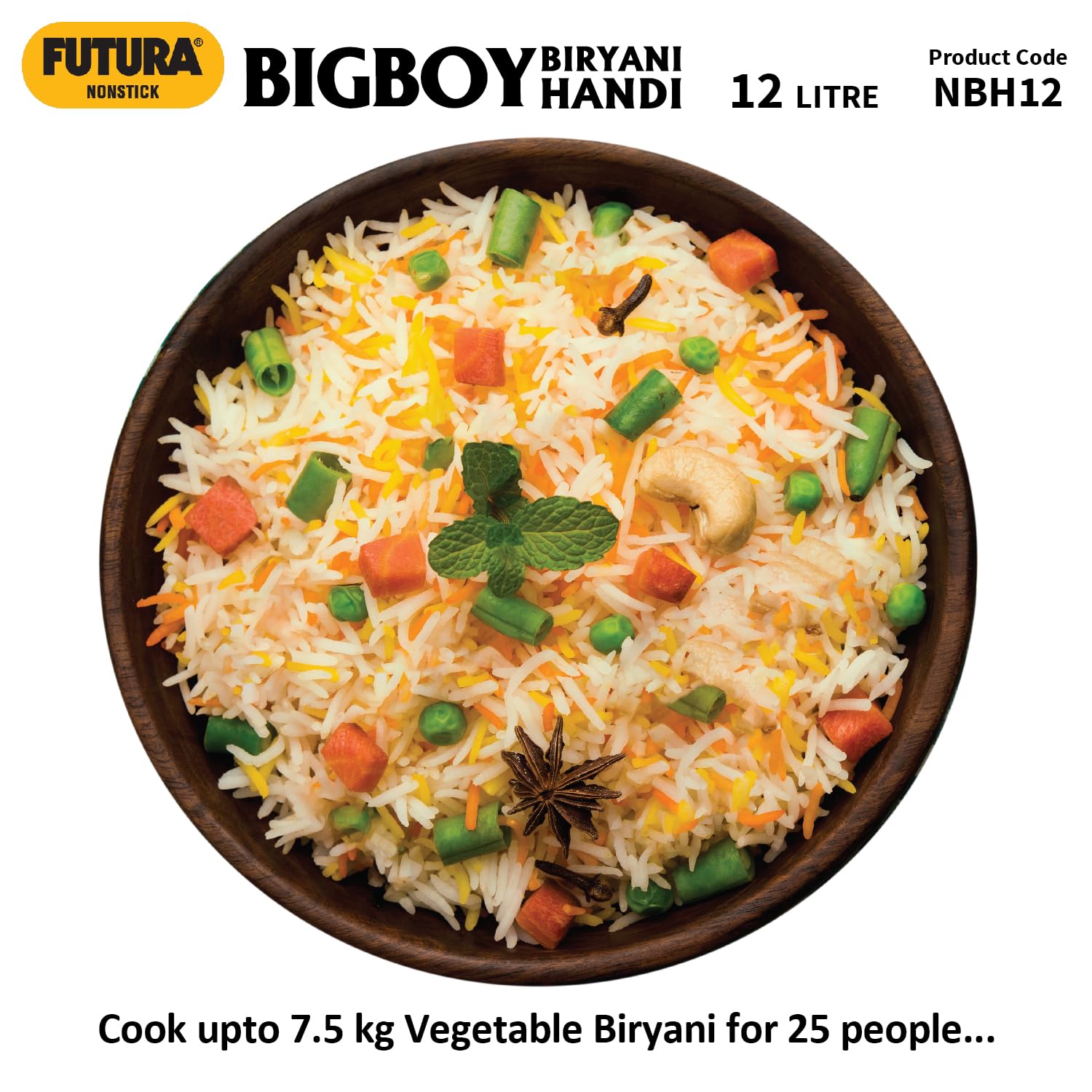 Hawkins Futura 12 Litre BigBoy Biryani Handi, Non Stick Pot with Hard Anodised Lid, Sauce Pan for Cooking and Serving Biriyani, Black (NBH12) Aluminium