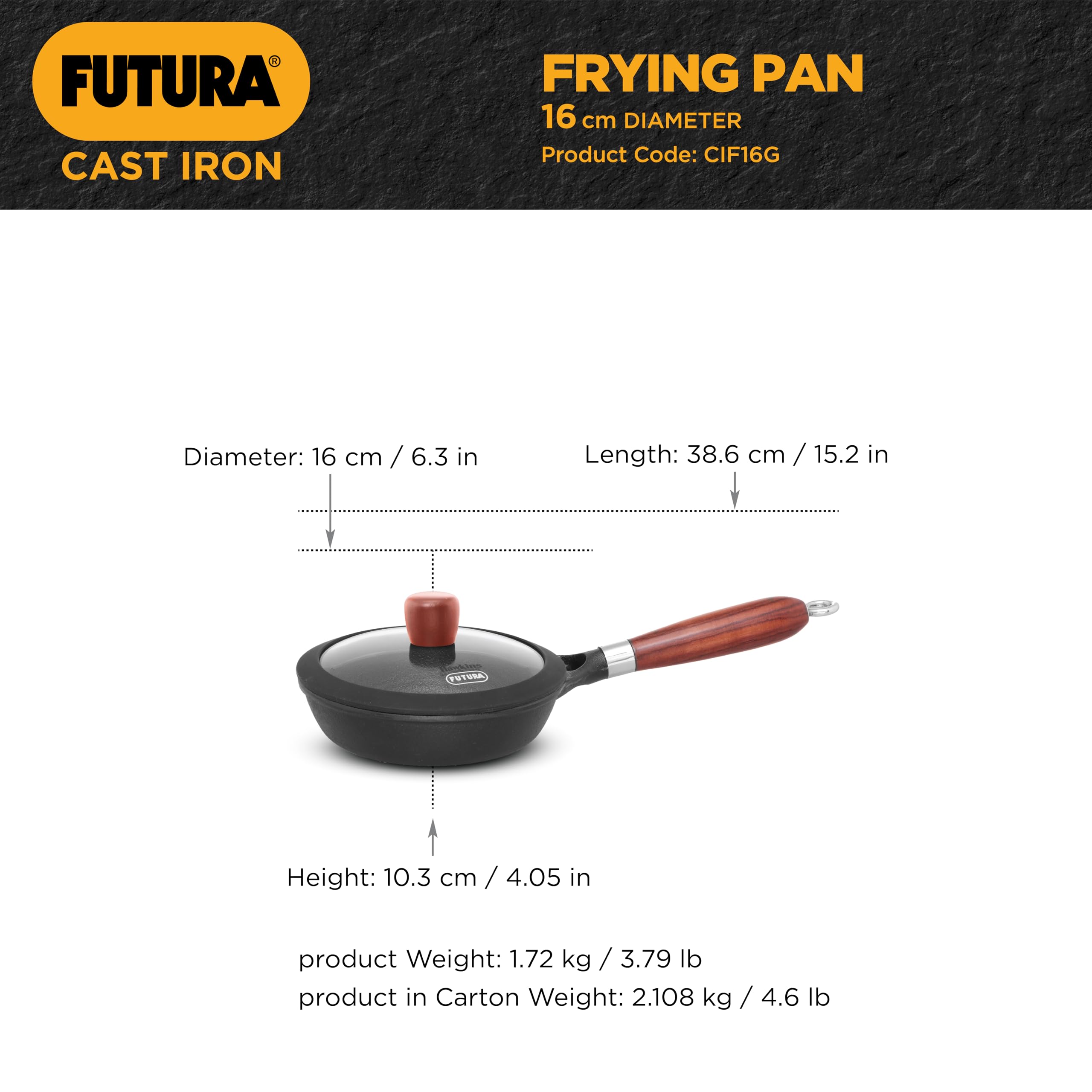 Hawkins Futura 16cm Frying Pan, Cast Iron Frying Pan with Glass Lid and Rosewood Handle, Black (CIF16G)