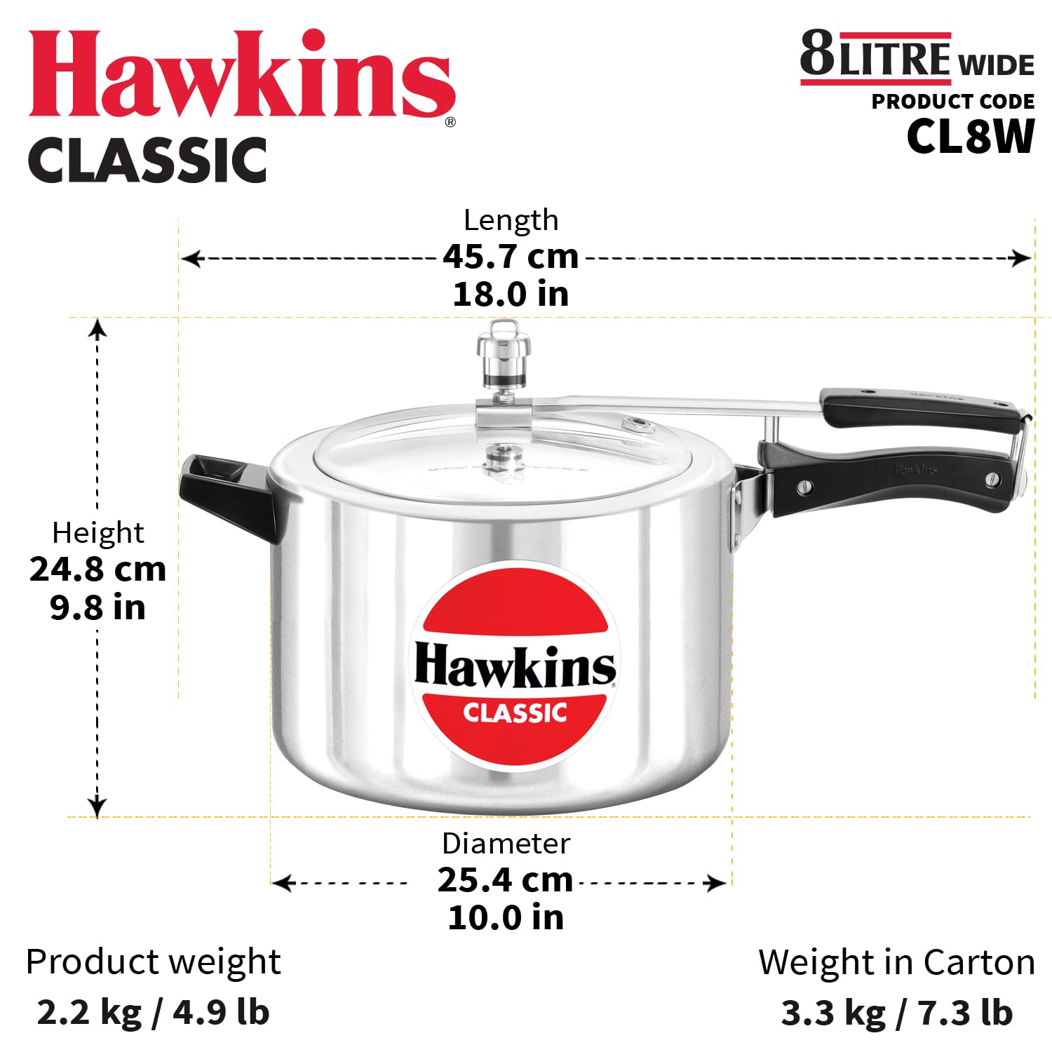 Hawkins Classic 8 Litre Aluminium Inner Lid Pressure Cooker, Wide Design Pan Cooker, Big Cooker, Silver (CL8W)