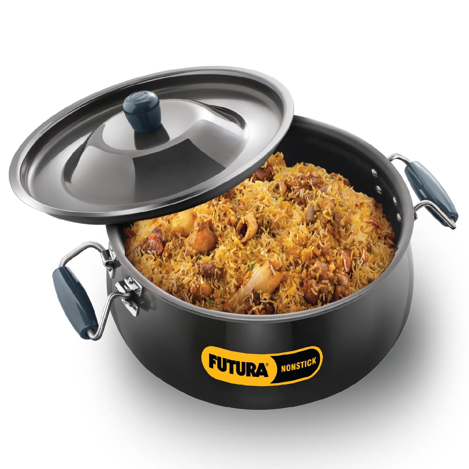 Hawkins Futura 12 Litre BigBoy Biryani Handi, Non Stick Pot with Hard Anodised Lid, Sauce Pan for Cooking and Serving Biriyani, Black (NBH12) Aluminium