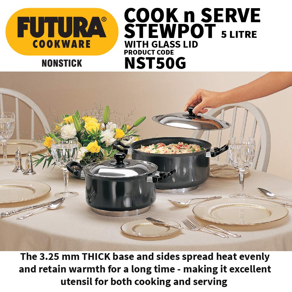 Hawkins Futura 5 Litre Cook N Serve Stewpot, Non Stick Pot with Glass Lid, Cooking Pot with Lid, Black (Nst50G), 5 Liter