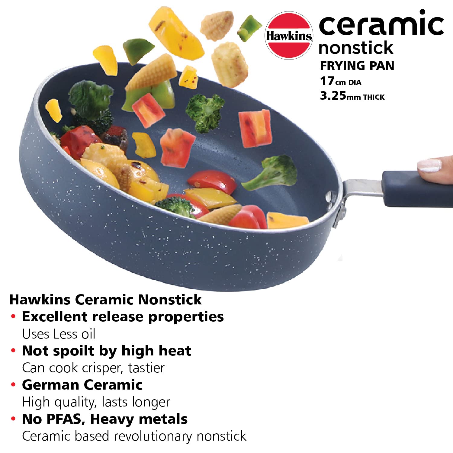 Hawkins Ceramic Nonstick Frying Pan, 17 cm Diameter, Induction Fry Pan with Glass Lid, Granite Omlette Egg Pan, Fish Pan (ICF17G)