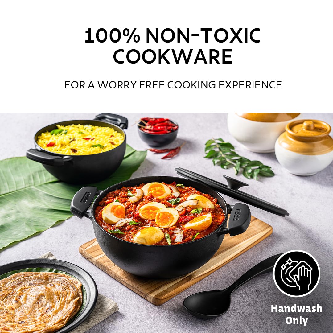 TRAMONTINA Titanex 30 cm Pre-Seasoned Cast Iron Deep Kadai – 6.8L, Non-Toxic, Induction Ready, Toughned Glass Lid w/Steam Release, Snap-On Cool Touch Grips, Excellent Heat Retention & Even Heating