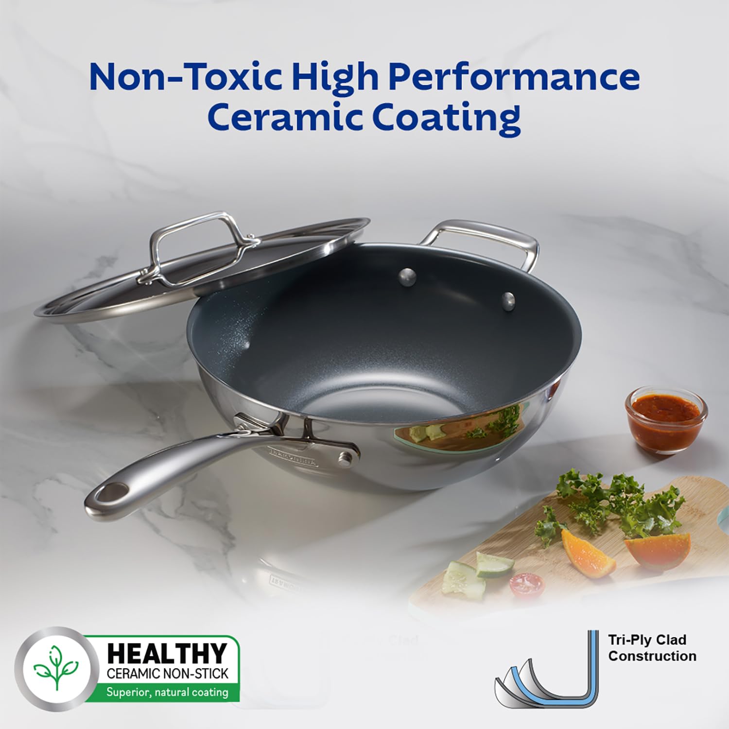 Tramontina Fusao Healthy Triply Ceramic 26cm/3.7L Wok with SS304 lid | Non Toxic(PFAS/PTFE/PFOA Free) Stir-fry | Saute | Noodle | Fried rice | Induction Friendly | Stay Cool Handle I 10 year Warranty*