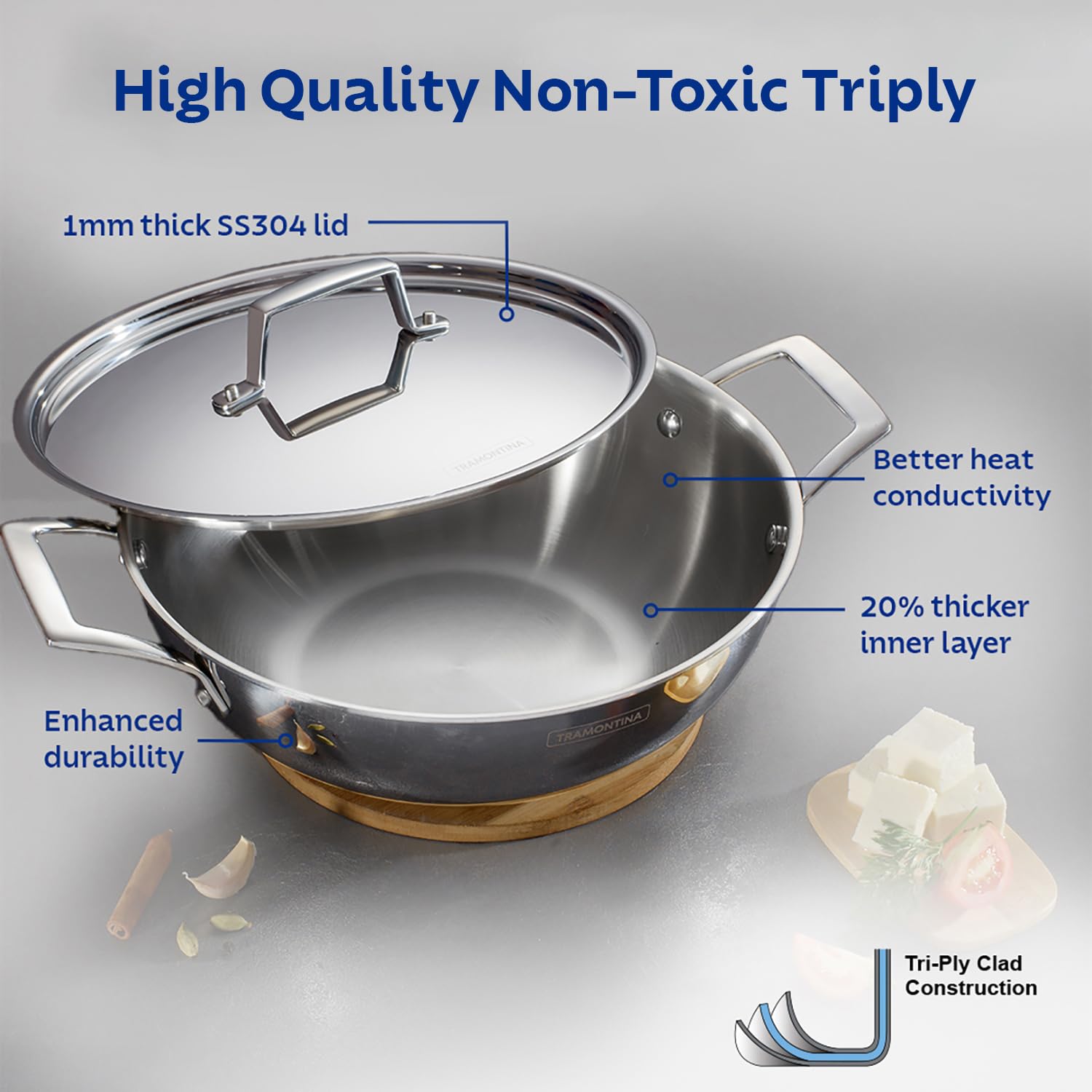 TRAMONTINA Aeion Triply 20cm/1.7L Kadai with SS 304 Lid | Healthy Non Toxic | Kadhai for Curry | Deep Fry | StirFry Cooking | Induction Friendly | Stay Cool Handle | NSF Certified | 10 Year Warranty*