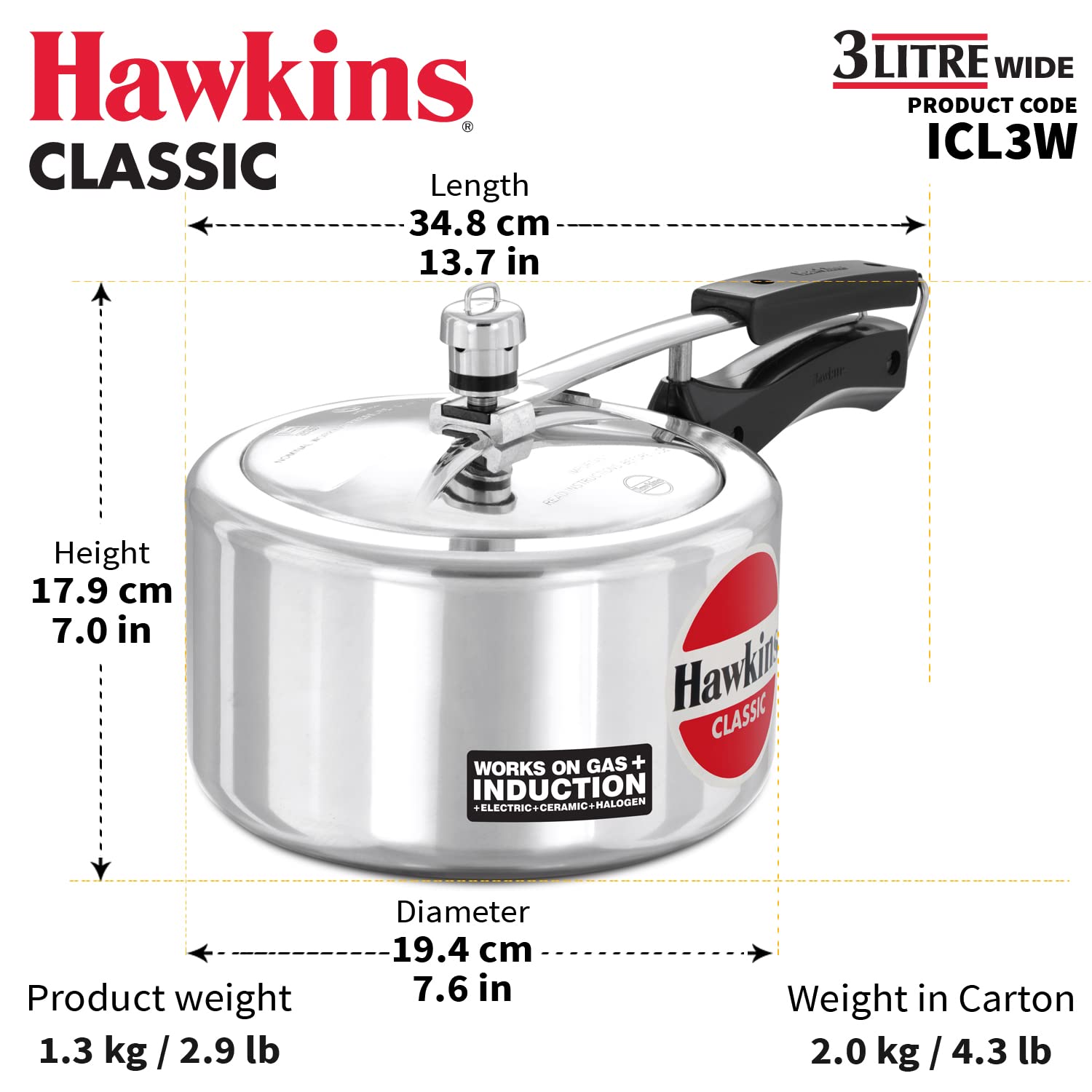 Hawkins Classic 3 Litre Inner Lid Aluminium Pressure Cooker, Induction Cooker, Wide Design Pan Cooker, Best Cooker, Silver (Icl3W), 3 Liter