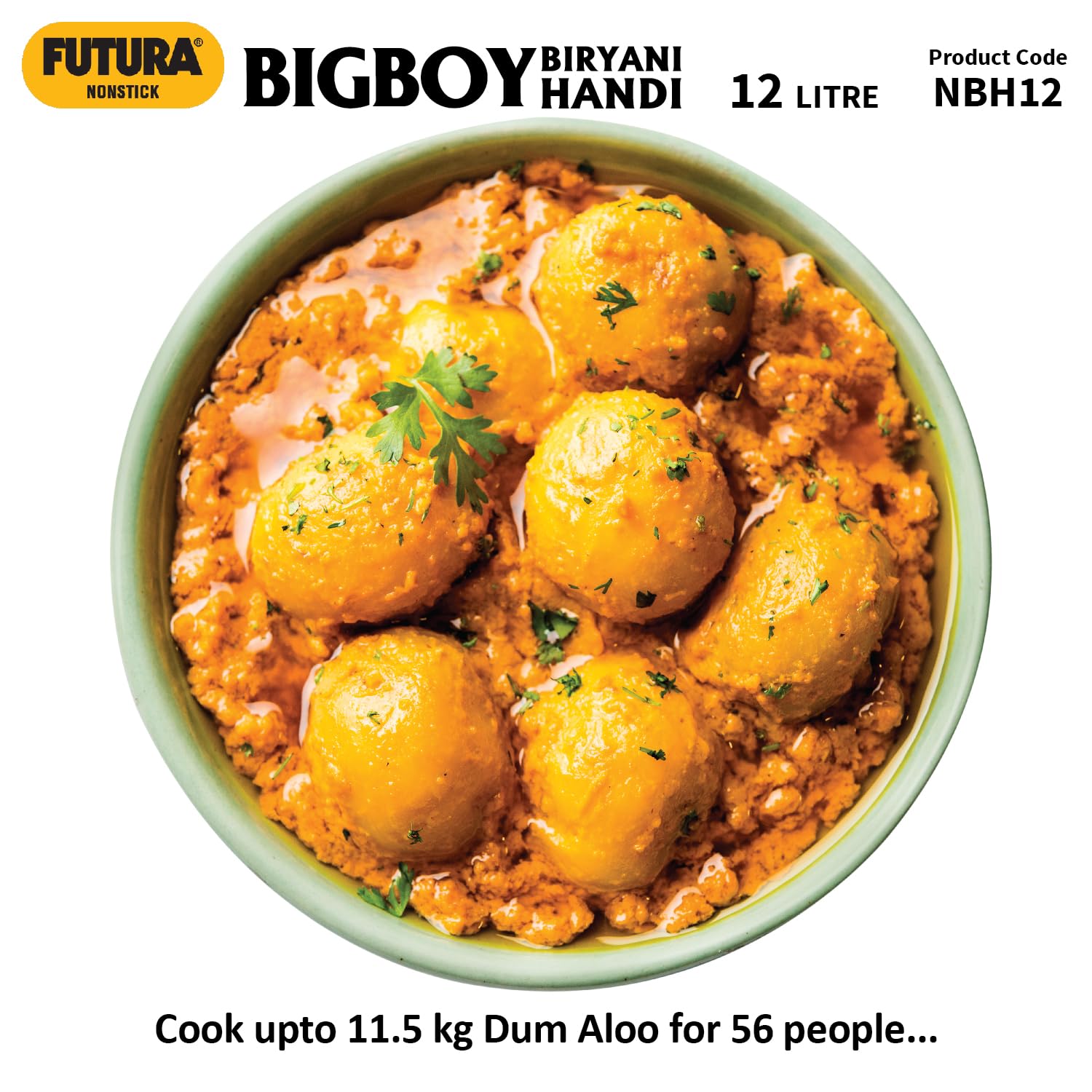 Hawkins Futura 12 Litre BigBoy Biryani Handi, Non Stick Pot with Hard Anodised Lid, Sauce Pan for Cooking and Serving Biriyani, Black (NBH12) Aluminium