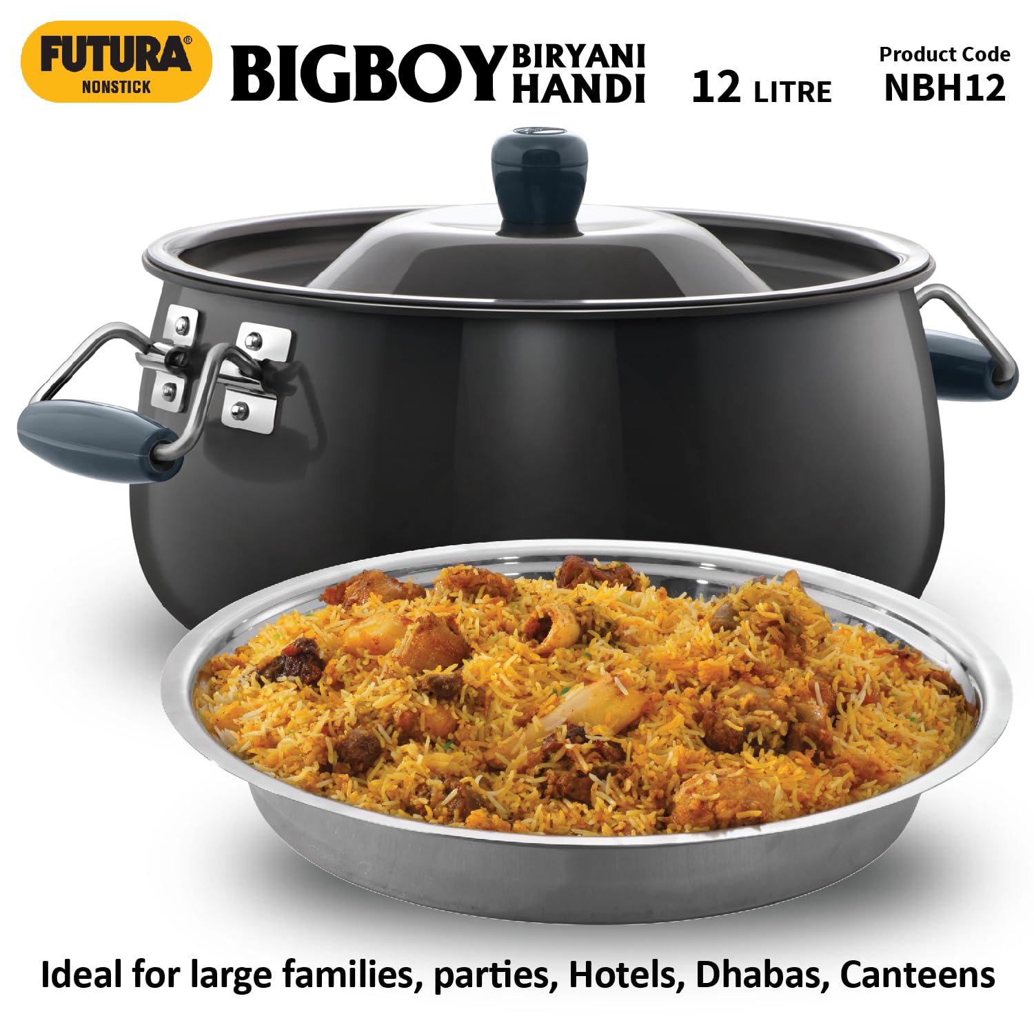 Hawkins Futura 12 Litre BigBoy Biryani Handi, Non Stick Pot with Hard Anodised Lid, Sauce Pan for Cooking and Serving Biriyani, Black (NBH12) Aluminium