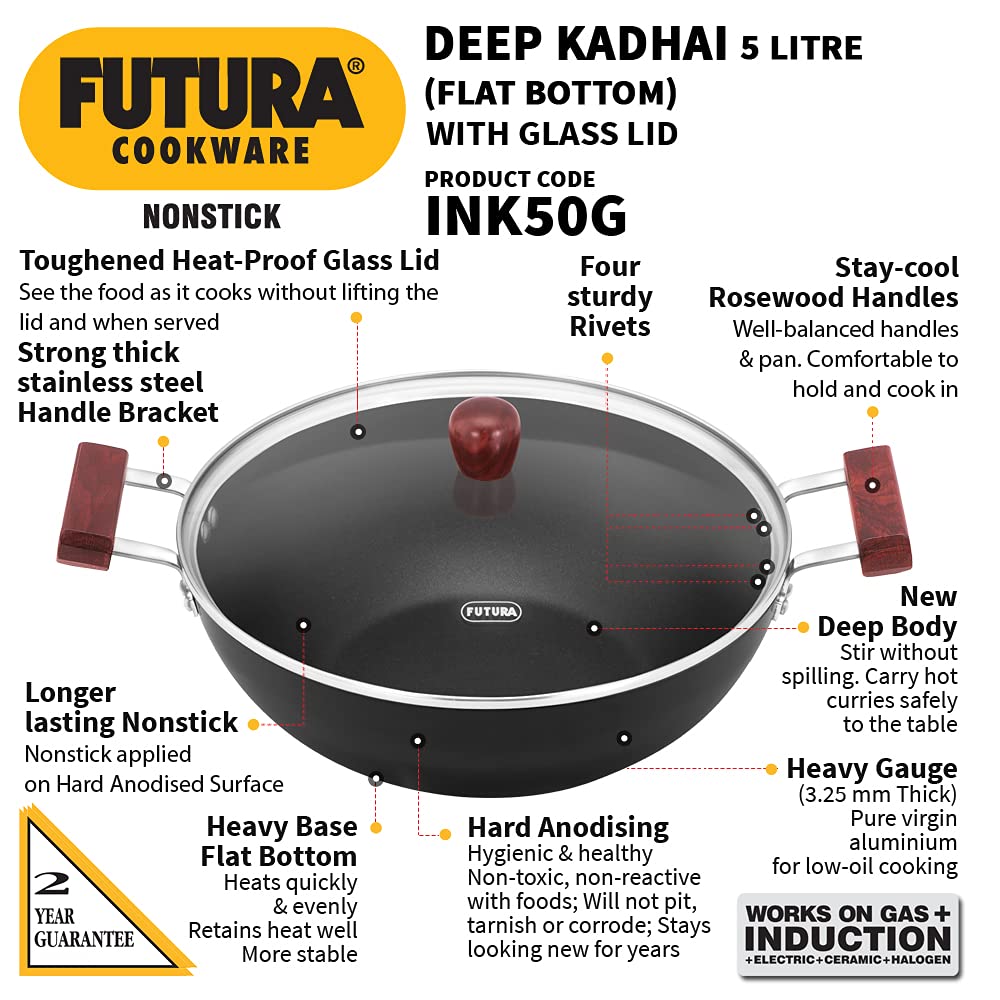 Hawkins Futura 5 Litre Deep Kadhai, Non Stick Kadai with Glass Lid, Flat Bottom Induction Kadhai, Black (INK50G)