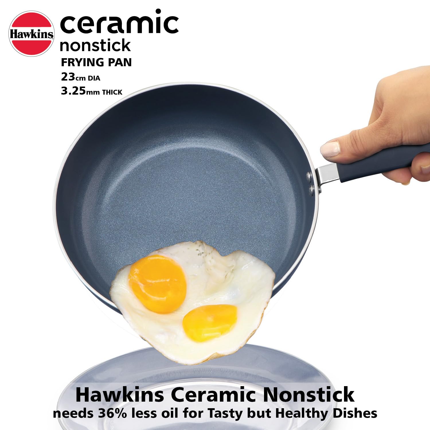 Hawkins Ceramic Nonstick Fry Pan, 23 cm Diameter, Induction Fry Pan with Glass Lid, Granite Omlette Egg Pan, Blue (ICF23G)
